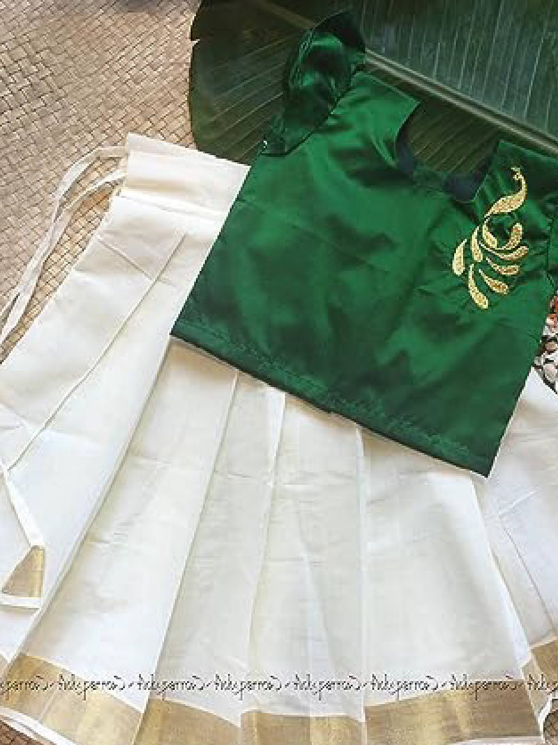 Cotton Silk - Kerala Kasavu Baby Girl Pattupavadai Set - Green