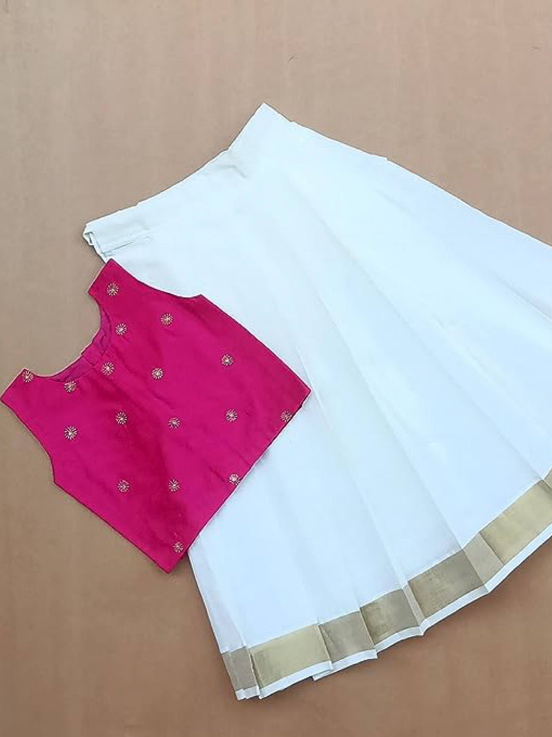 Cotton Silk - Kerala Kasavu Baby Girl Pattupavadai Set - Magenta