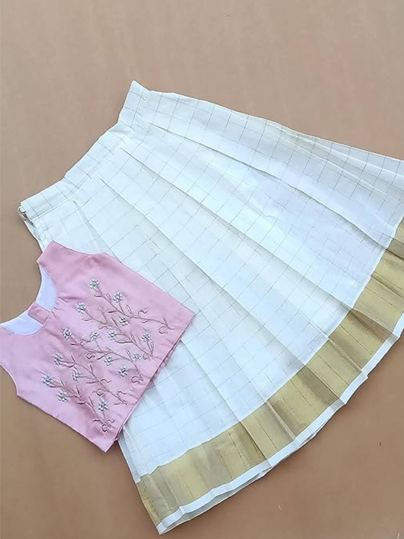 Cotton Silk - Kerala Kasavu Baby Girl Pattupavadai Set - Pink