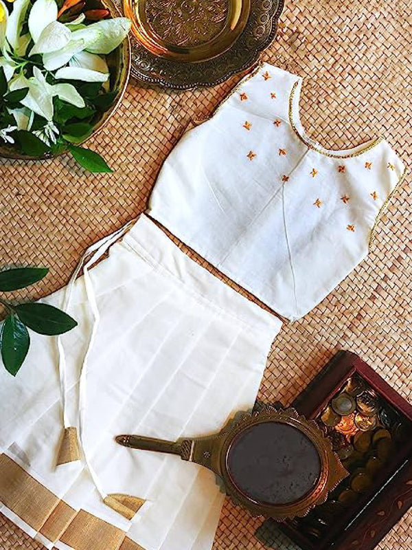 Kerala Kasavu Cotton Baby Girl ONAM Pattupavada Set - Offwhite and Golden