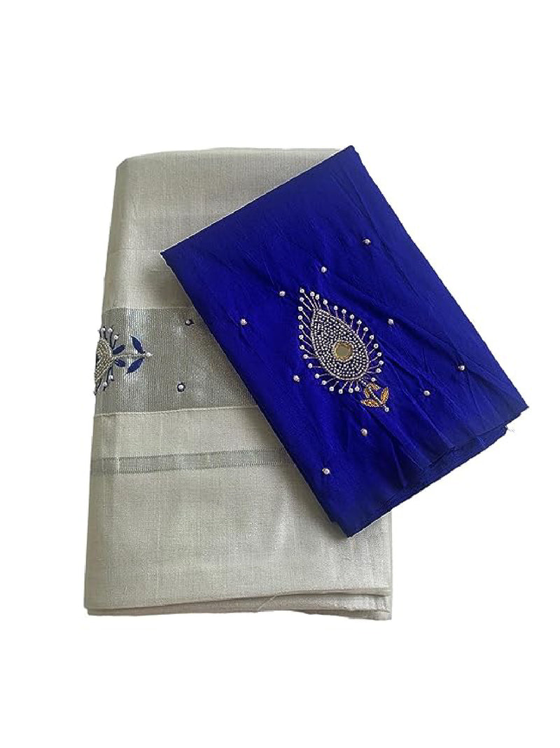 Kuthampully Kerala Kasavu Saree Silver Tissue Handcrafted Aari work with Blouse