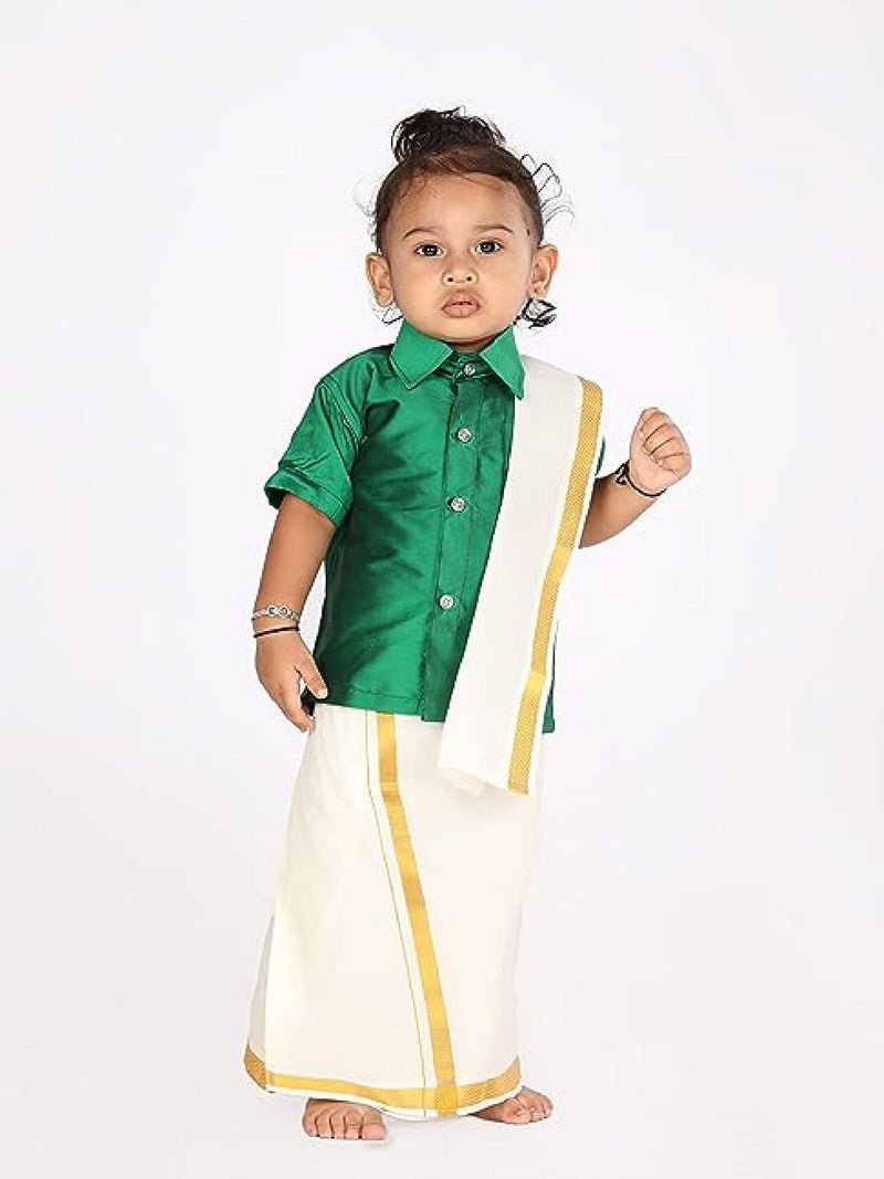 Ready To Wear Kanchipuram Dress Green - Dhoti, Shirt & Chain