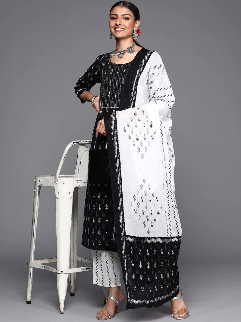 varanga black ethnic motifs printed  cotton kurta set dupatta