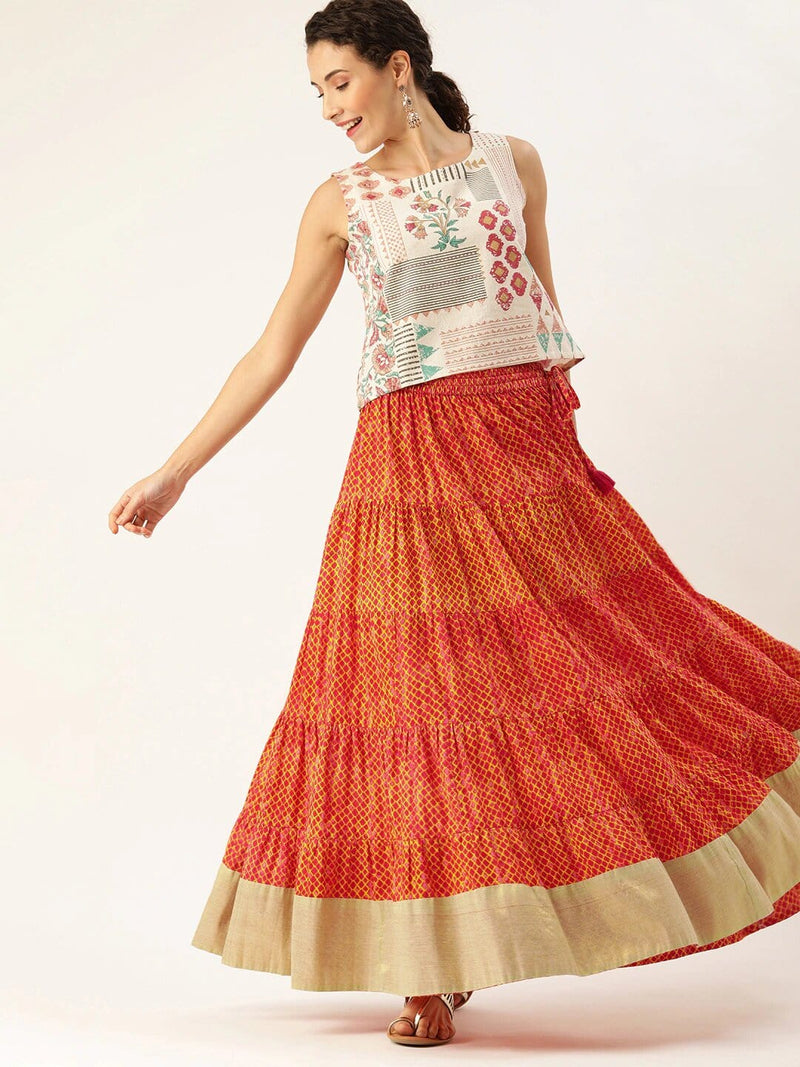 varanga rust orange mustard yellow dyed tiered flared maxi pure cotton skirt online shopping