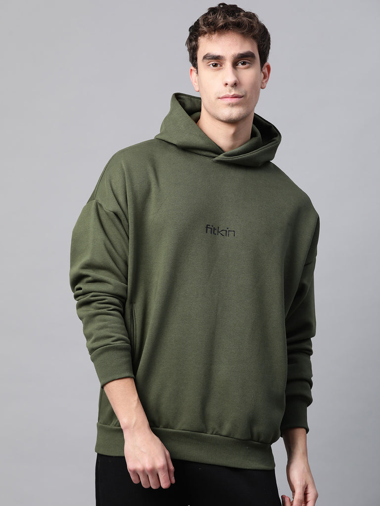 fitkin men olive green black solid hooded sweatshirt
