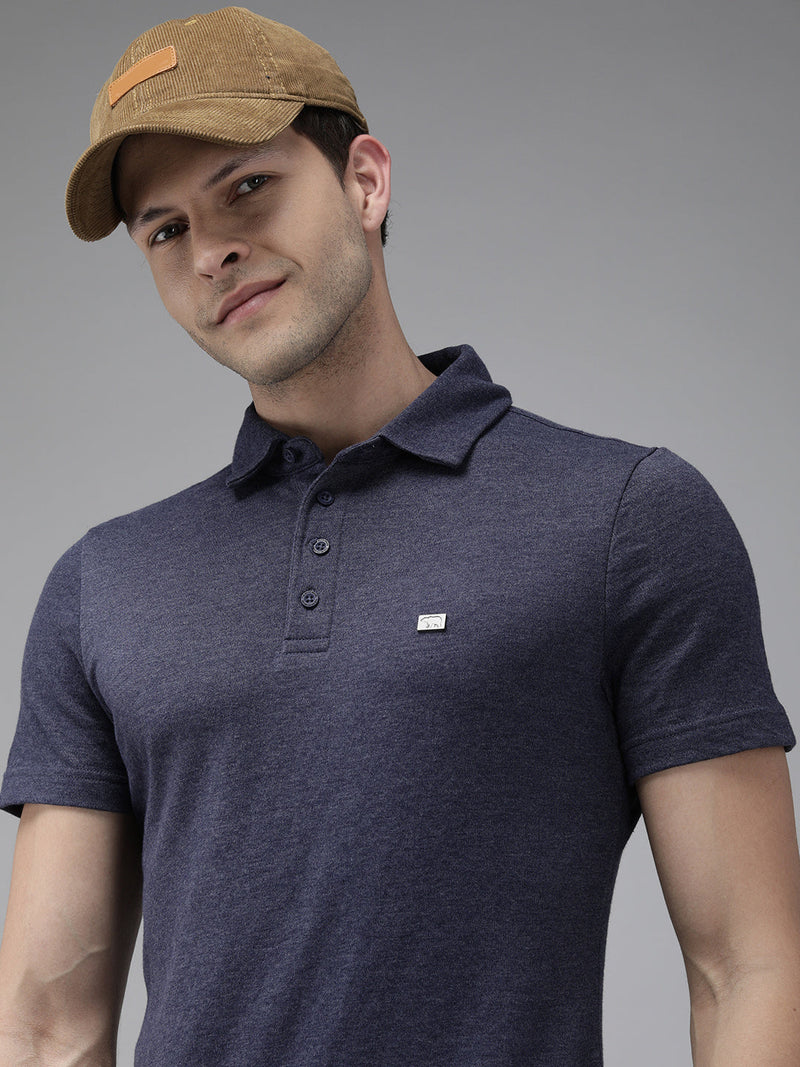 men furo navy blue polo collar cotton slim fit t-shirt