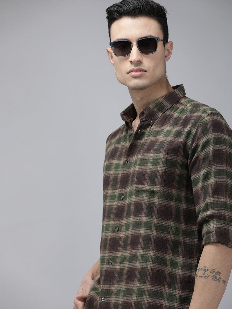 Sayang Brown and Green Tartan Checked Slim Fit Flannel Cotton Casual Shirt