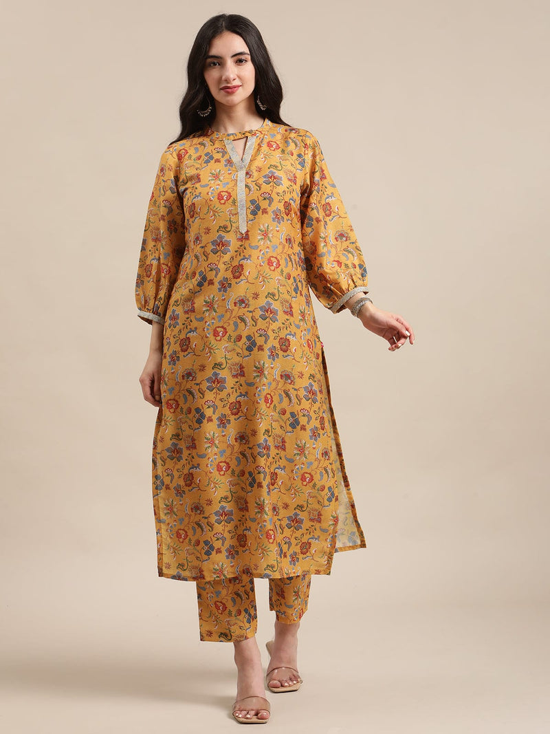 mustard floral printed zari work straight kurta trouser set