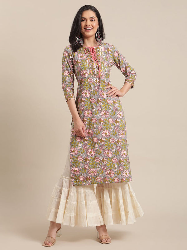 varanga grey and peach floral printed gota work straight kurta with 3/4th sleeves
