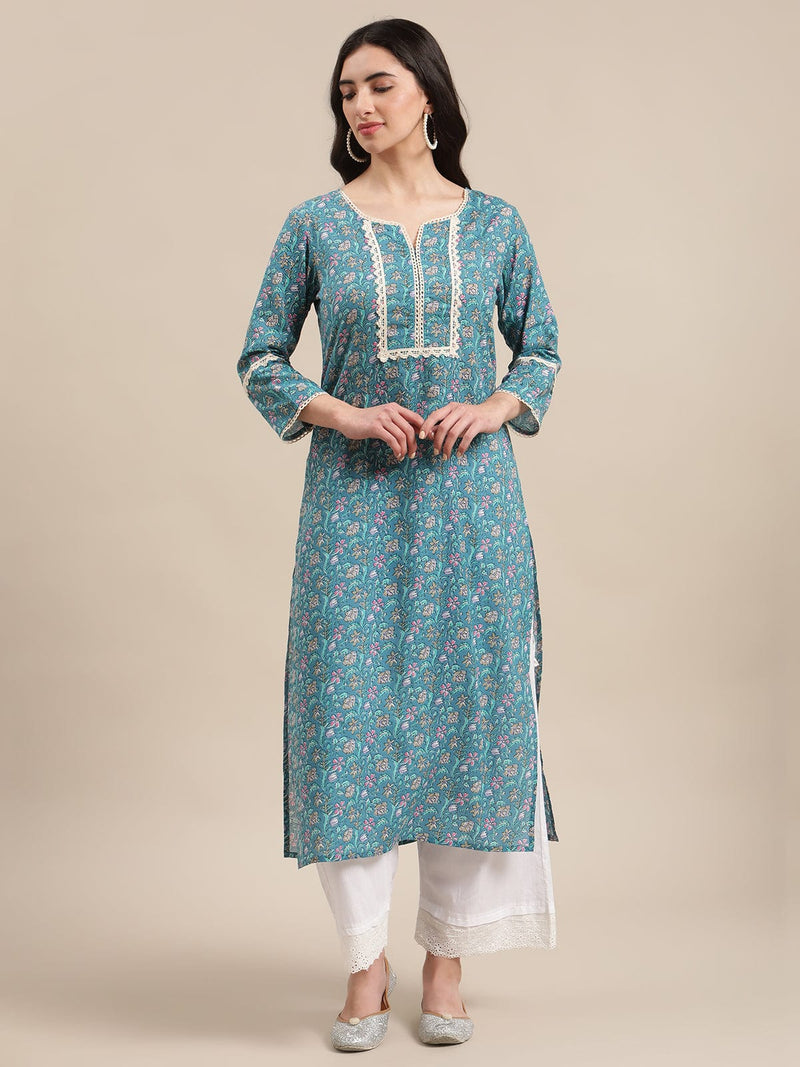 varanga blue floral printed lace embellished kurta with 3/4th sleeves