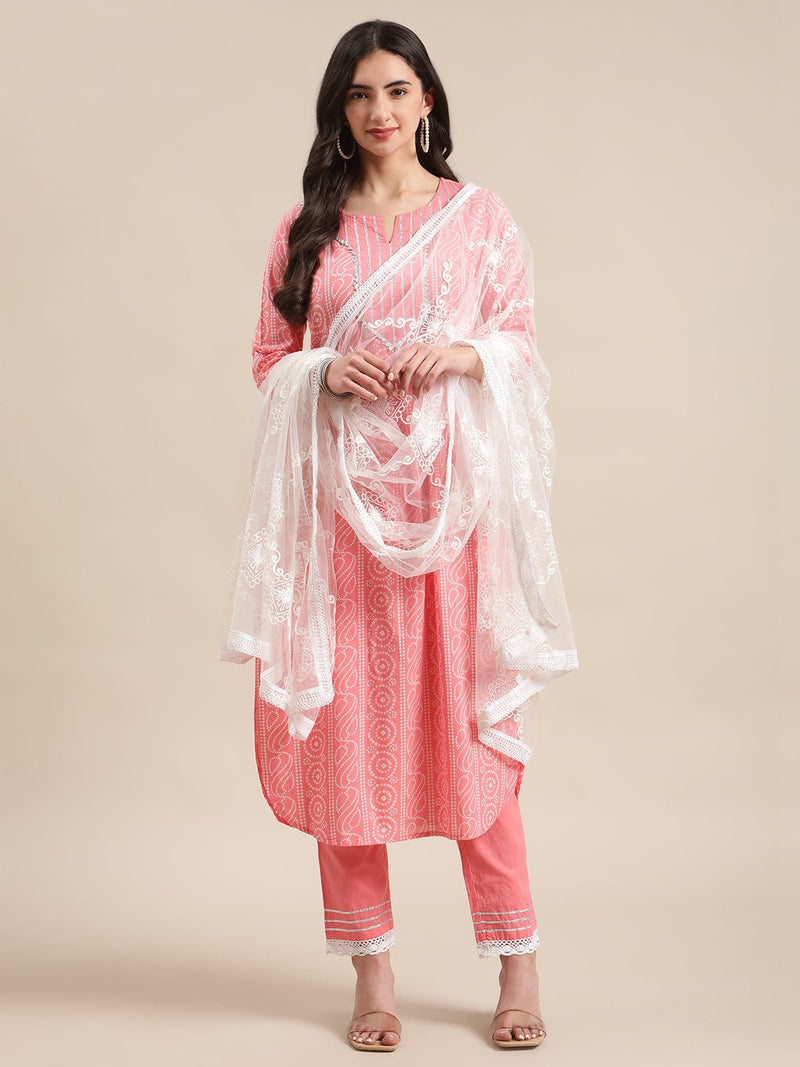 varanaga peach bandhani kurta set with trouser and aari embroidery dupatta 