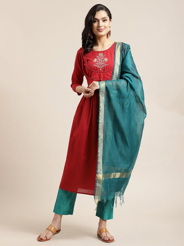 varanga maroon yoke embroidery kurta set teal silk dupatta