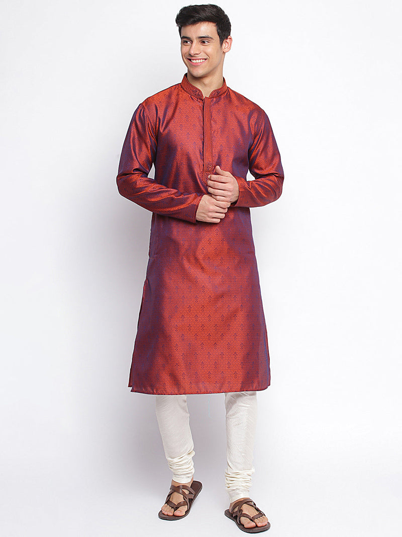 sanwara orange woven pattern straight kurta for men