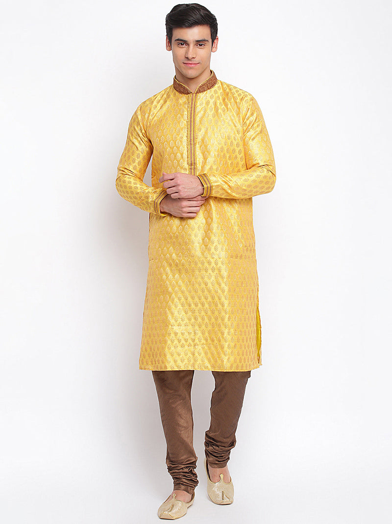sanwara yellow woven pattern straight kurta for men