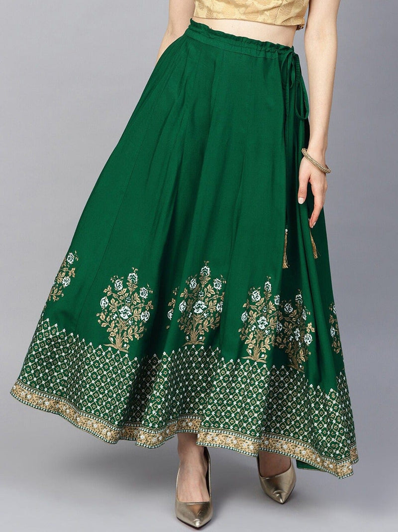 varanga ksut green gold coloured printed flared maxi skirt buy