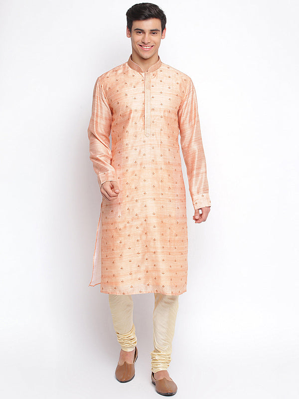 sanwara peach woven pattern straight ethnic kurta for men