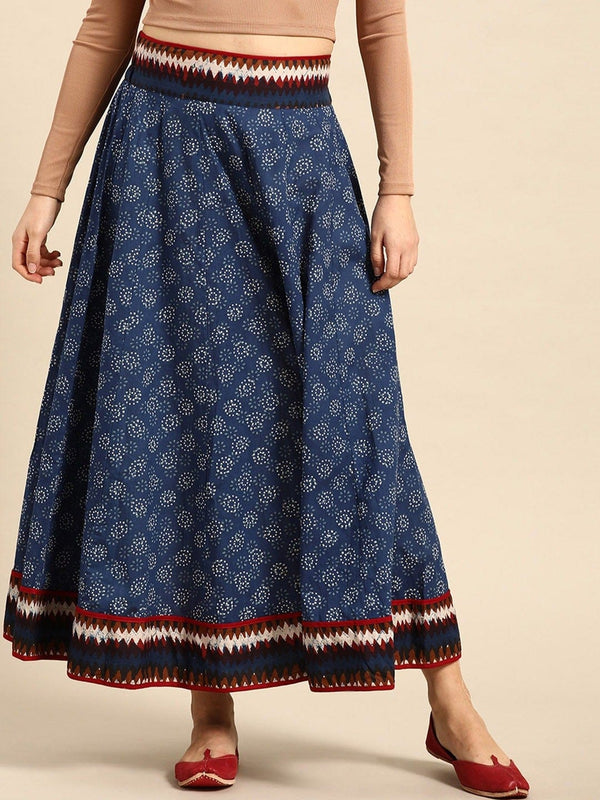 varanga ksut navy blue white printed pure cotton flared maxi skirt online shopping