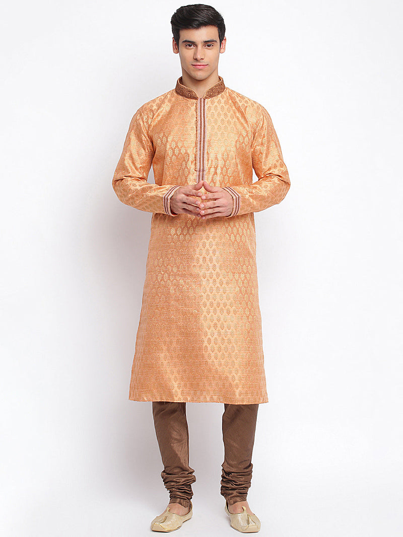 sanwara peach woven pattern straight kurta for men
