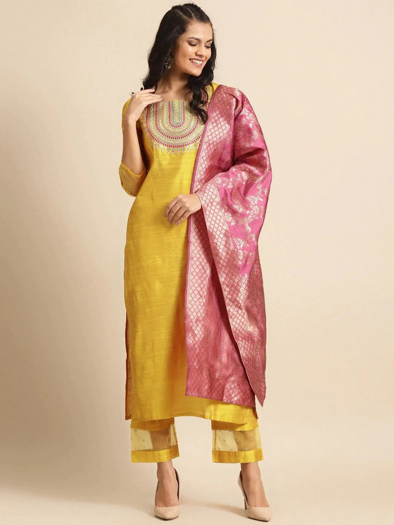 shop mustard yellow & pink embroidered kurta set dupatta