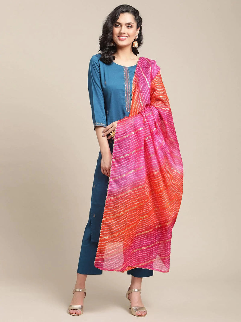shop teal resham embroidery kurta trouser set with pink organge foil printed bandhej dupatta