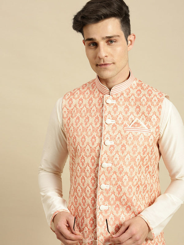 sanwara cream cotton printed kurta ethnic jacket set