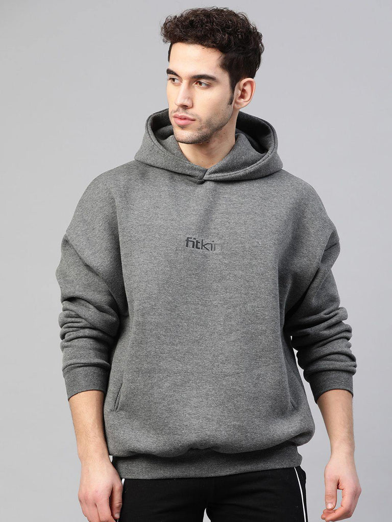 fitkin men charcoal grey fleece winter hooded sweatshirt