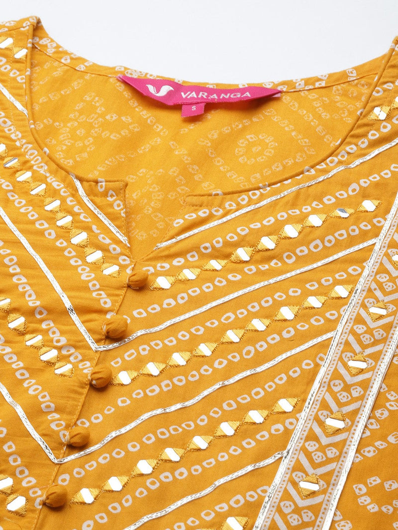 women mustard yellow bandhani printed pure cotton kurta set