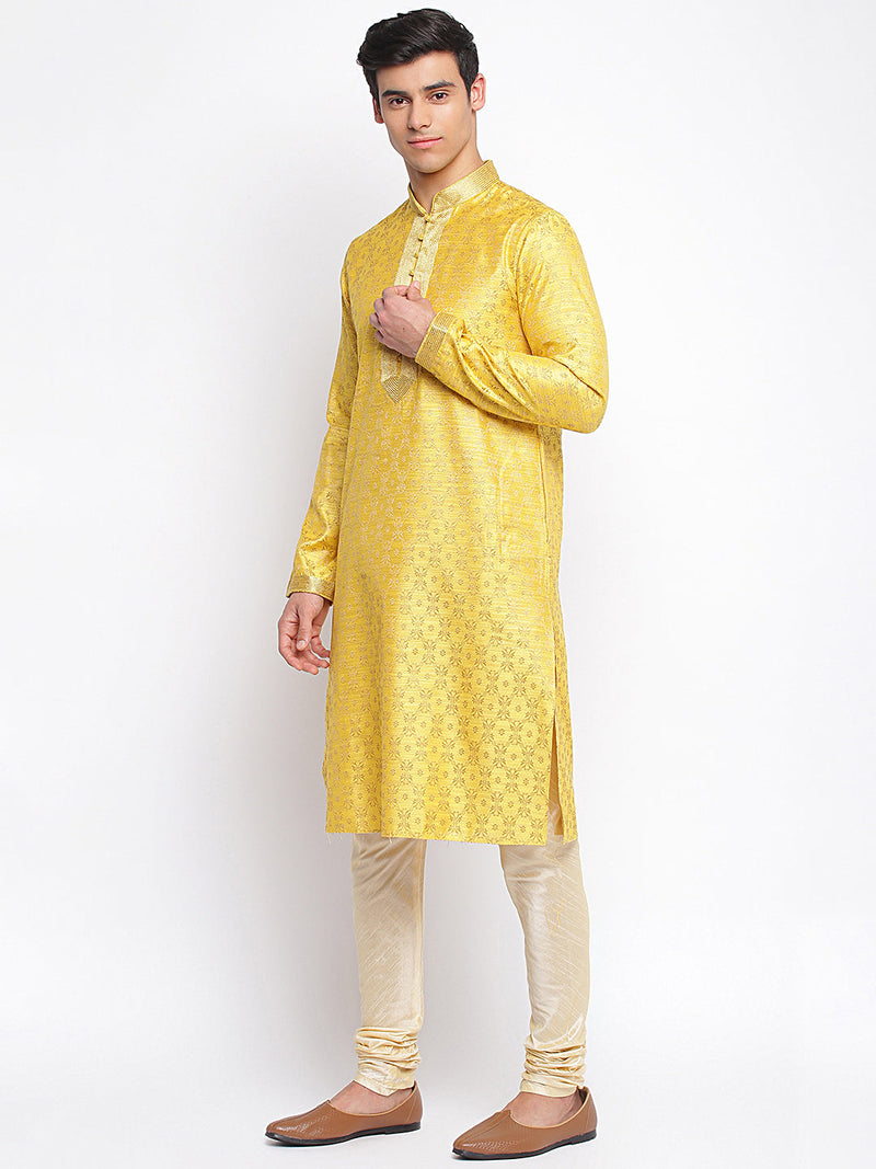 buy yellow woven full sleeve straight kurta men