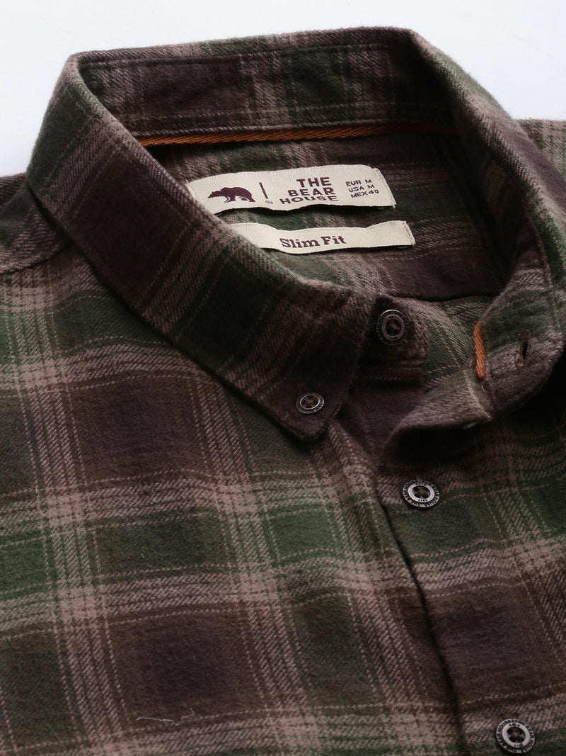 Sayang Brown and Green Tartan Checked Slim Fit Flannel Cotton Casual Shirt
