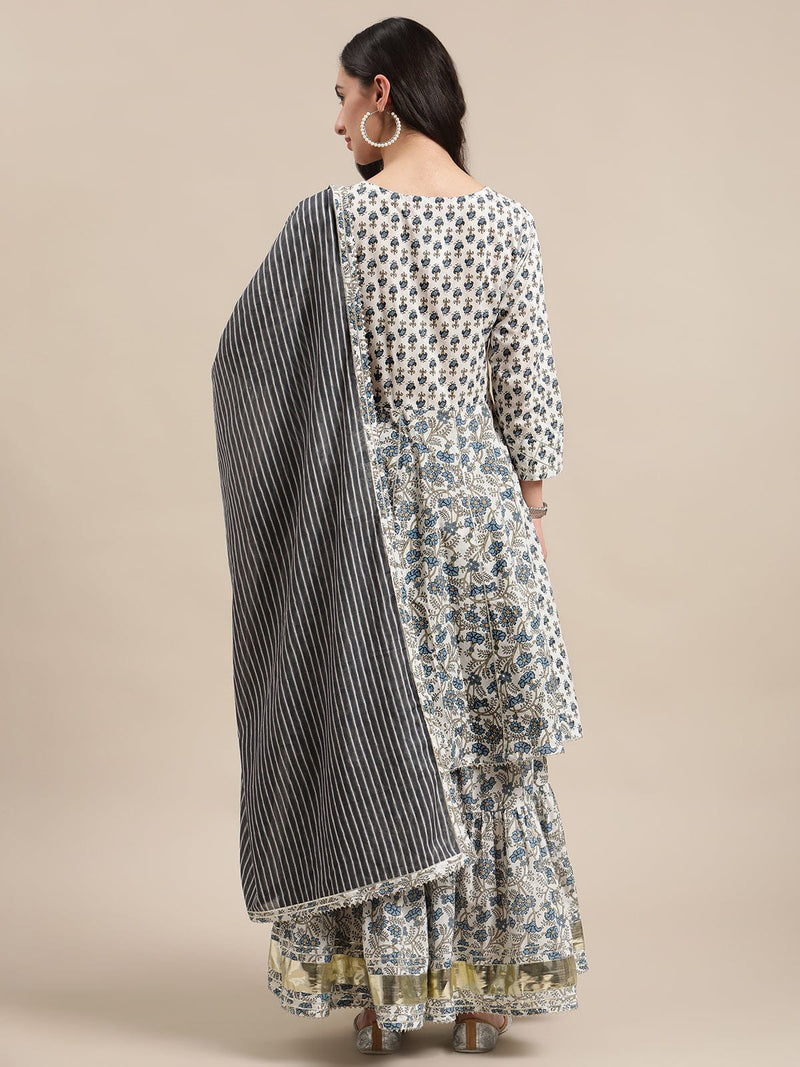 white and blue floral printed anraklai kurta sharara set with stripe dupatta