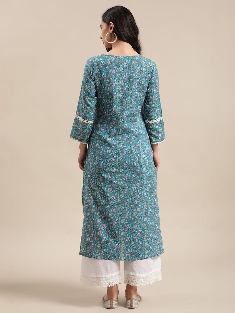 blue floral printed lace embellished kurta with 3/4th sleeves varanga