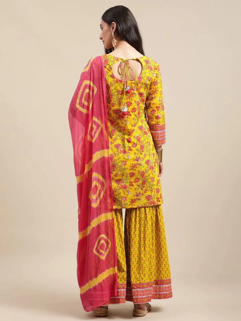 women mustard floral gota embellished printed sharara  tie n dye kurta set dupatta