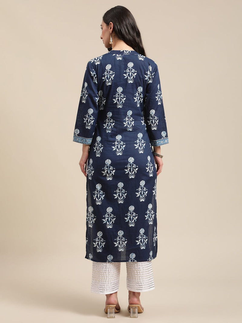 indigo floral printed patch work kurta with white gota work trouser