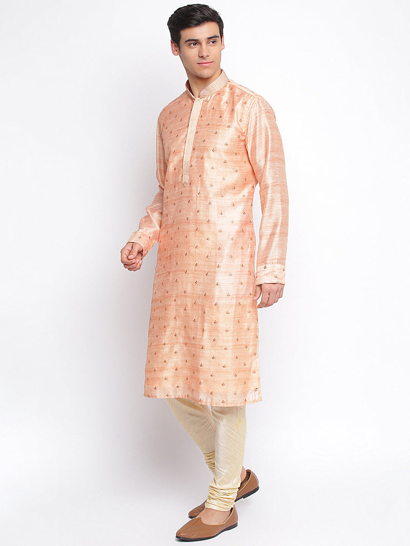 online peach woven pattern straight ethnic kurta for men