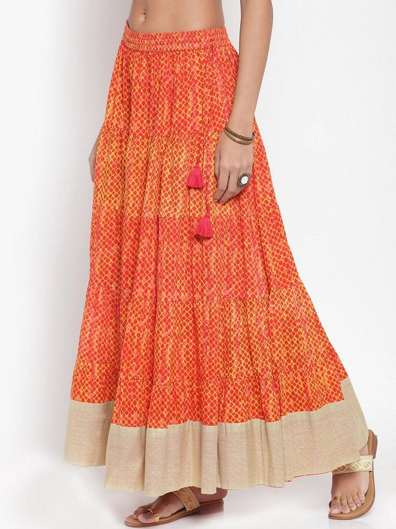 varanga ksut orange beige printed pure cotton flared tiered maxi skirt buy