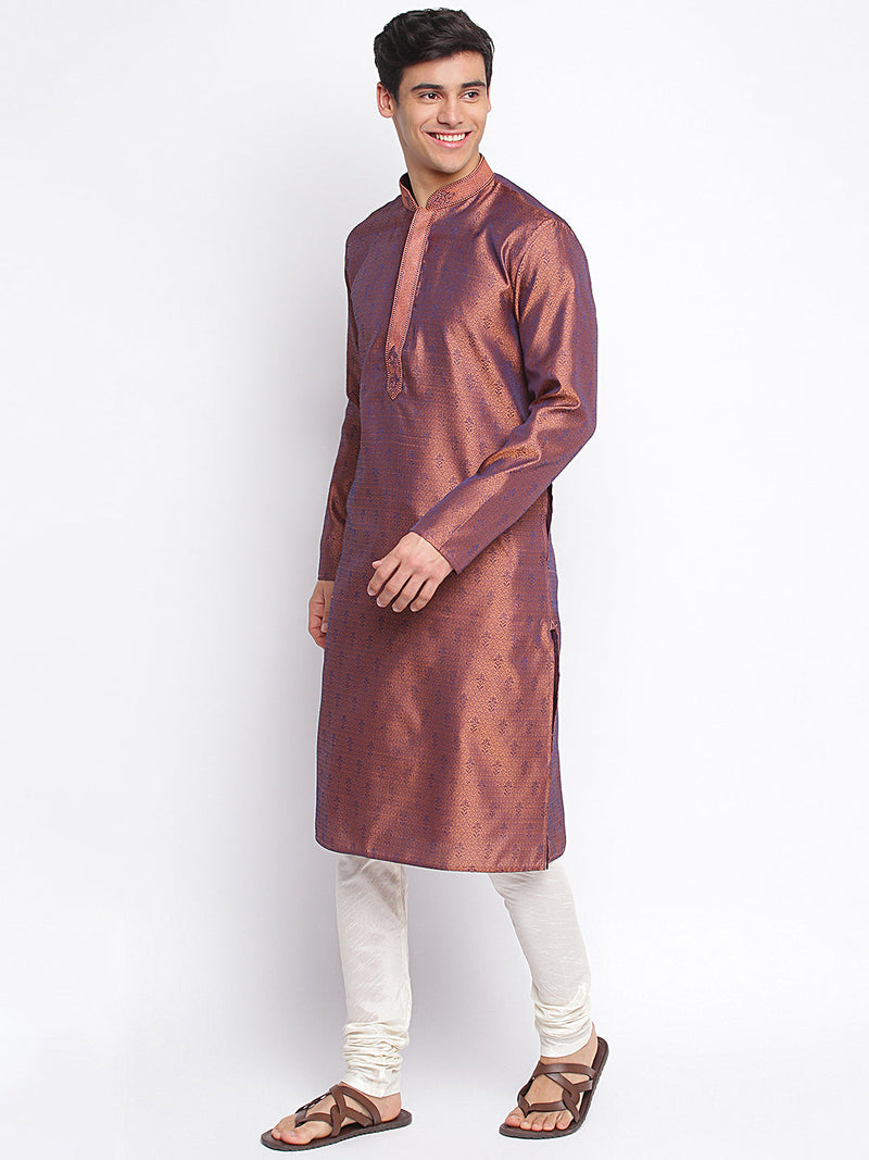 purple woven pattern straight kurta for men online