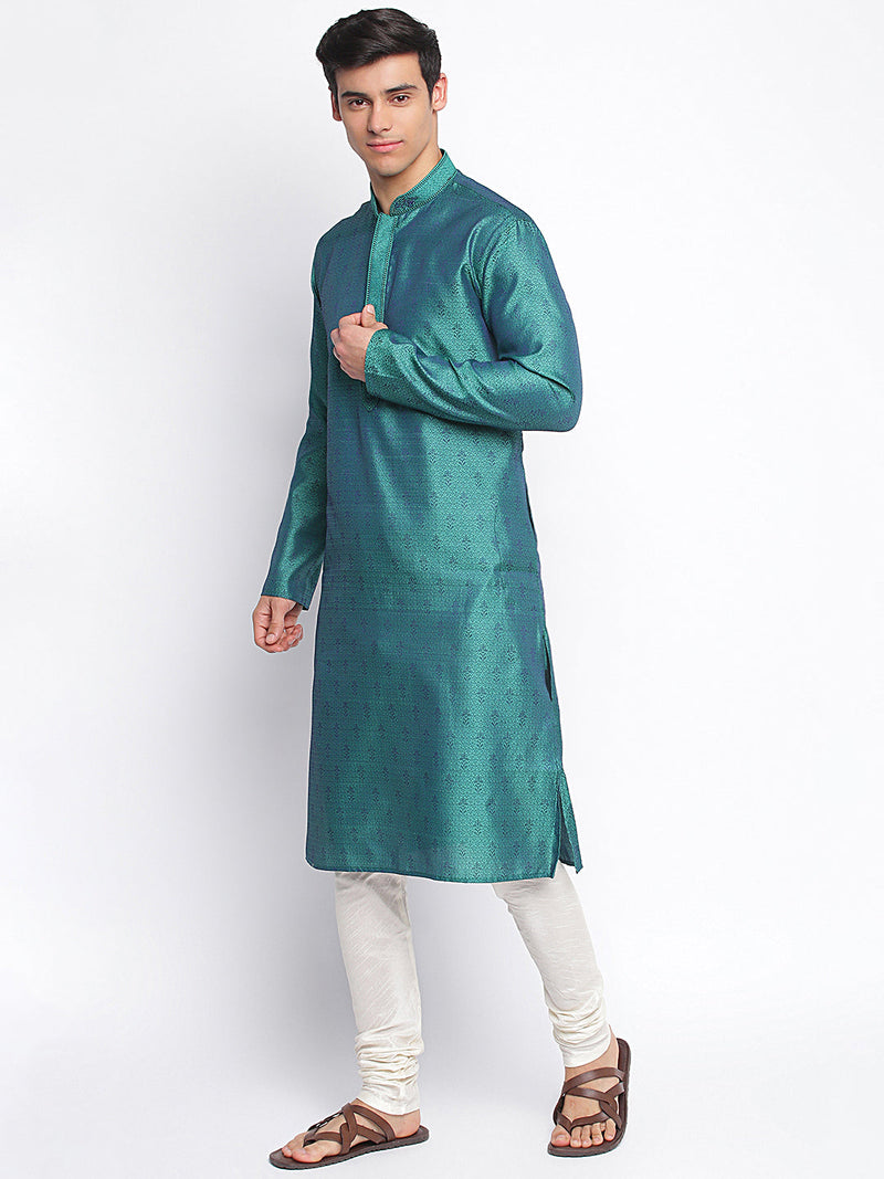 deep green woven pattern straight kurta for men sanwara