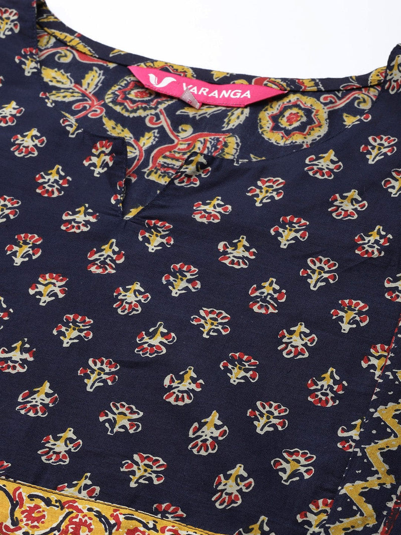 buy navy blue ethnic motifs printed pure cotton kurta set dupatta