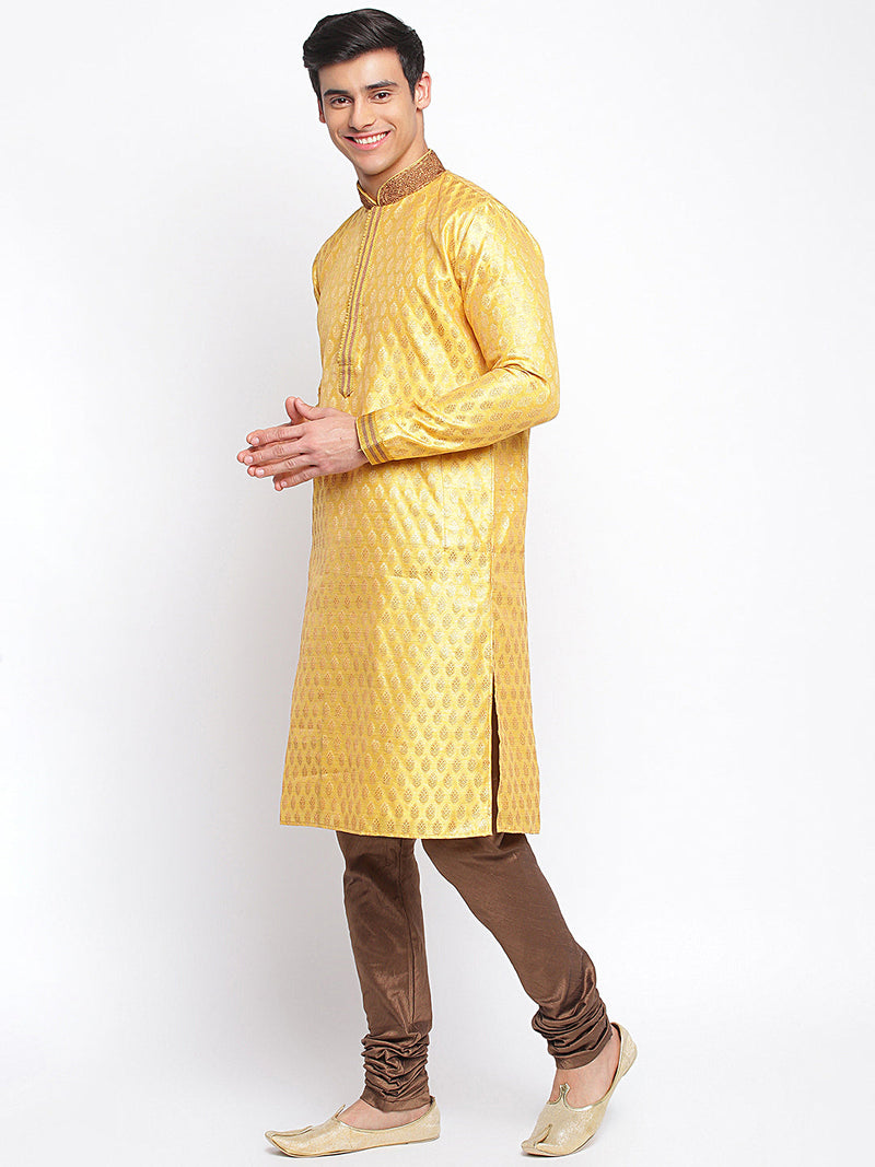 yellow woven pattern straight kurta for men online