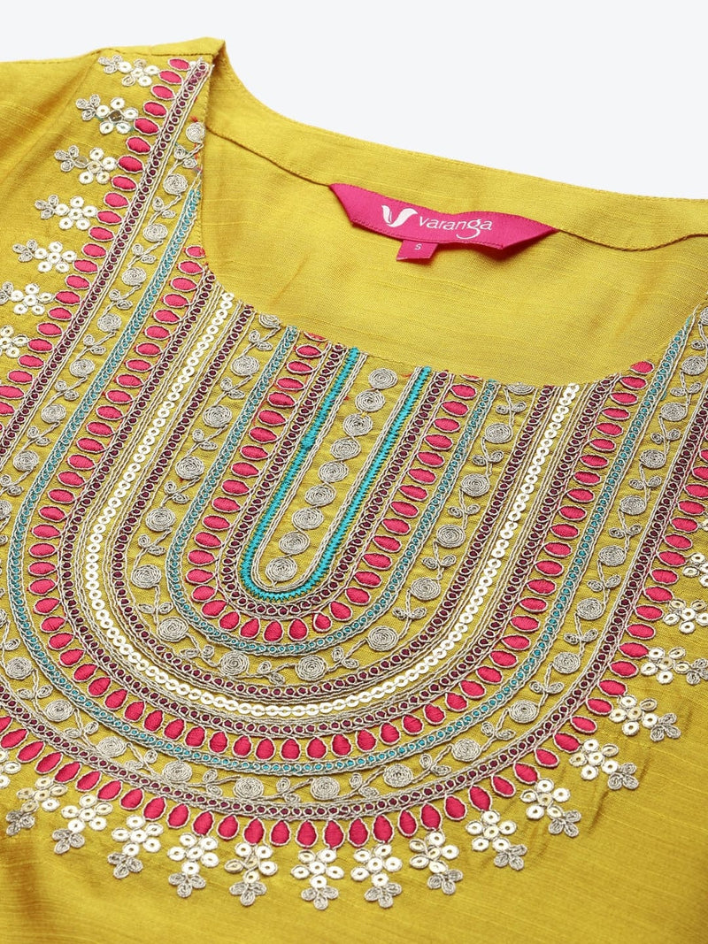 buy mustard yellow & pink embroidered kurta set dupatta