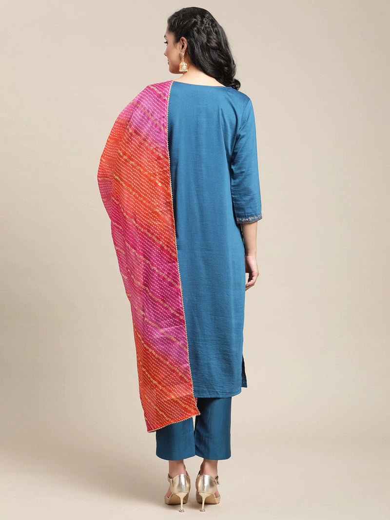 women teal resham embroidery kurta trouser set with pink organge foil printed bandhej dupatta