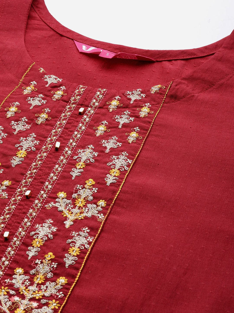 buy maroon beige floral embroidered thread work kurta trousers dupatta