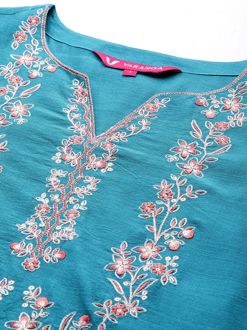 buy turquoise blue  pink floral embroidered kurta  set dupatta