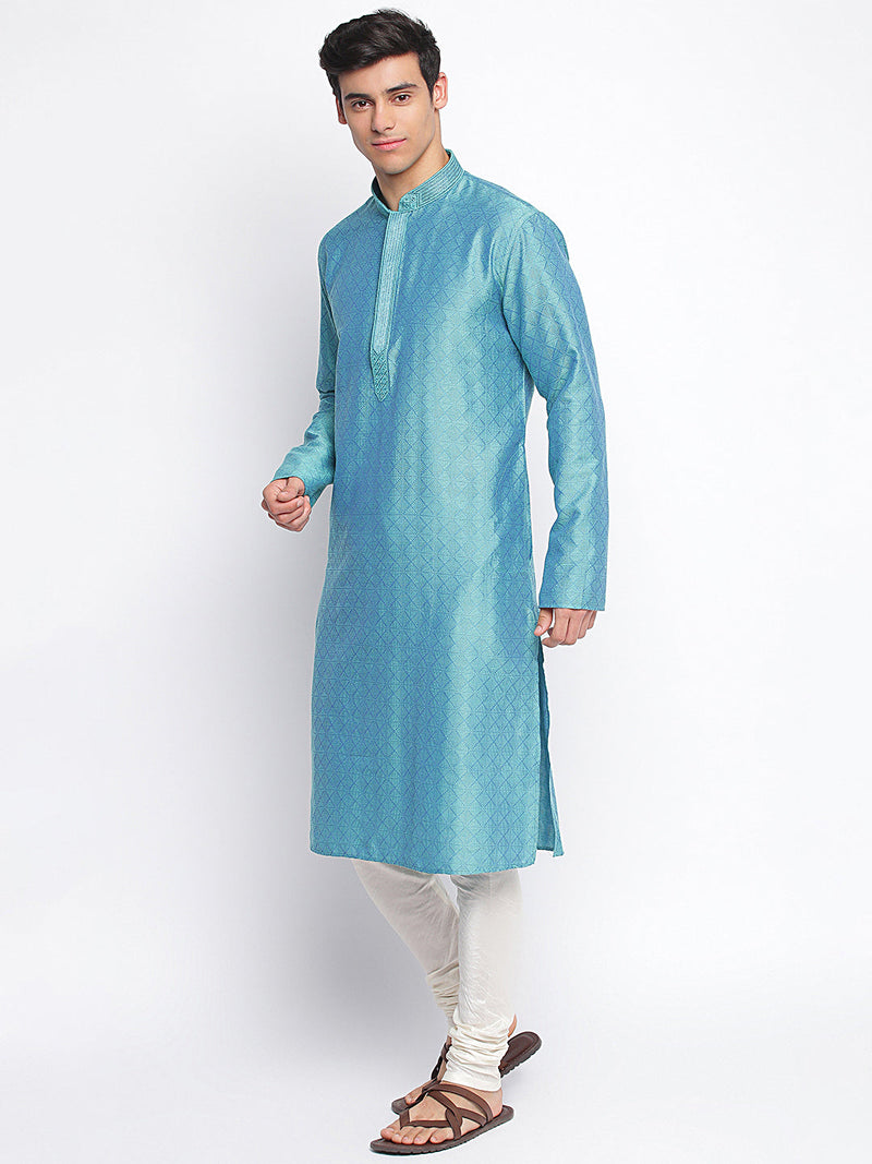 ocean blue woven pattern straight kurta for men sanwara