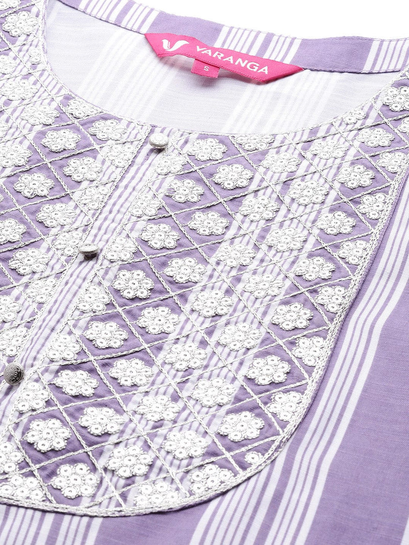 women lavender & white embroidered kurta set