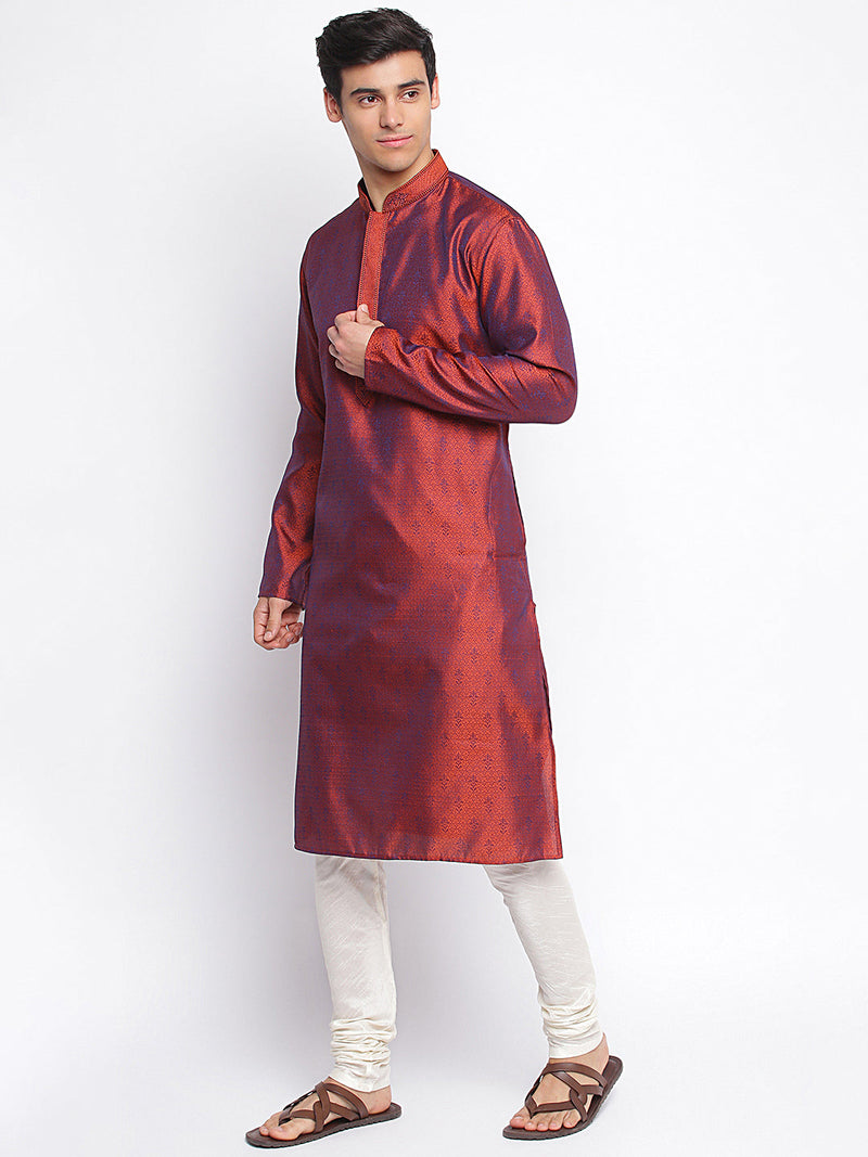 orange woven pattern straight kurta for men sanwara