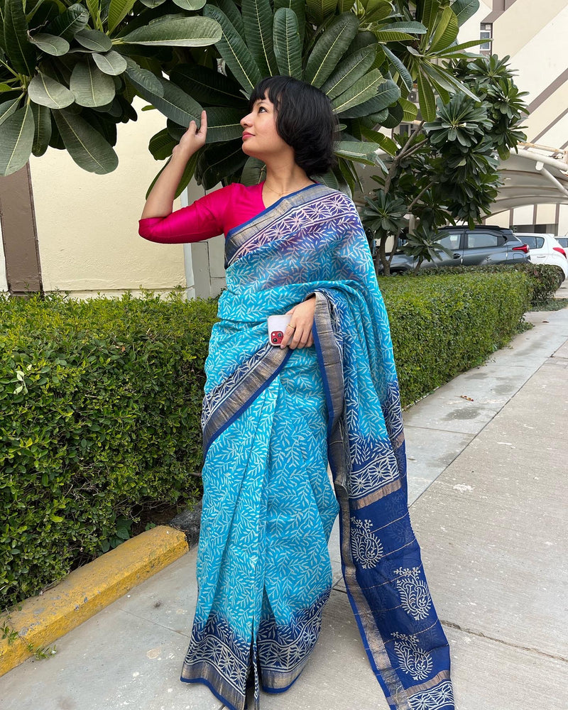 best light blue maheshwari handblock print saree