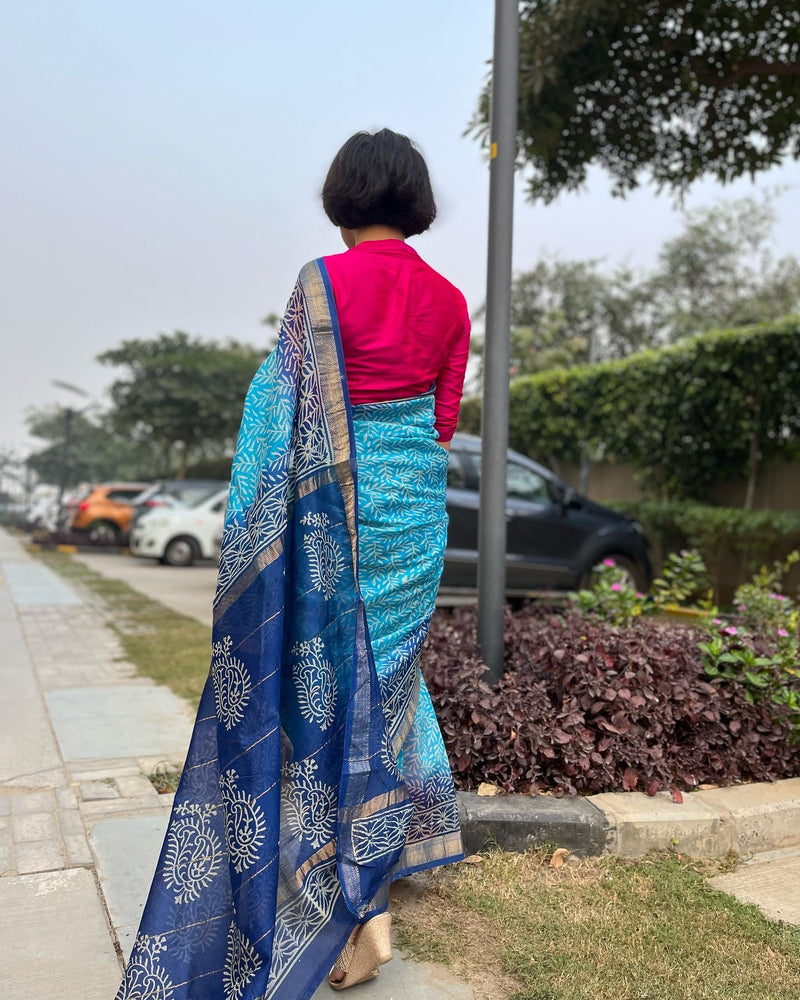 women light blue maheshwari handblock print saree