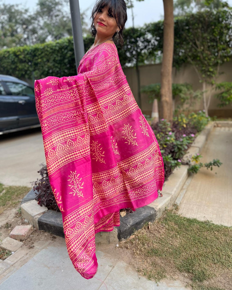 women pink chanderi handblock print saree