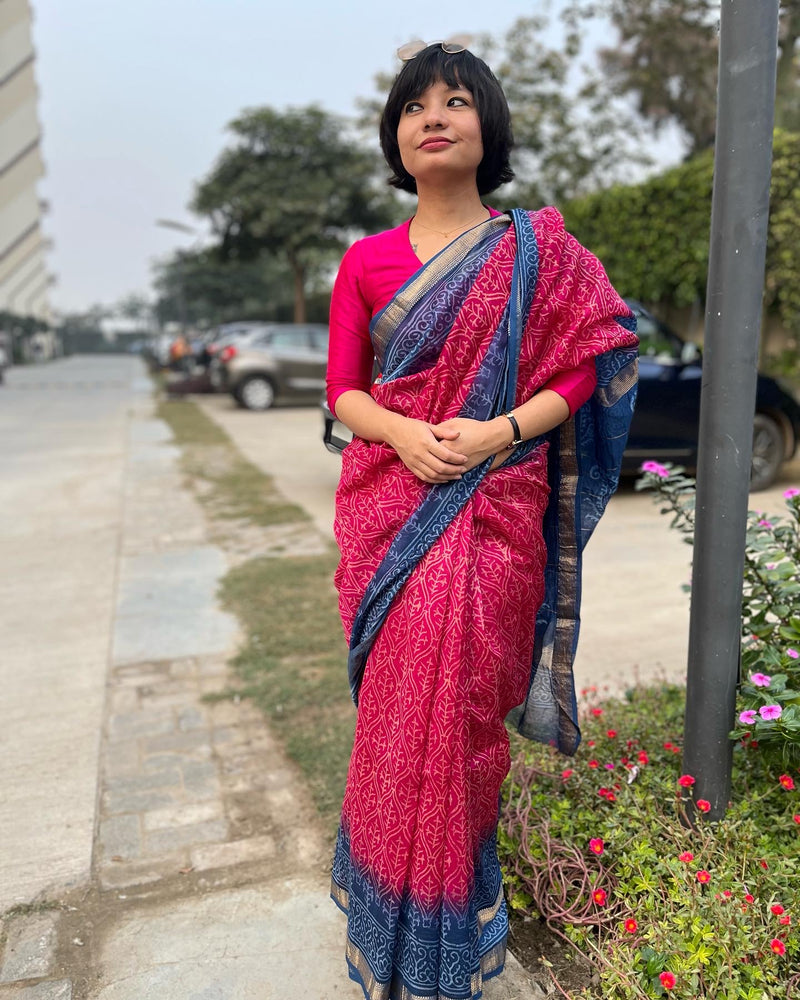 best pink blue maheshwari handblock print saree